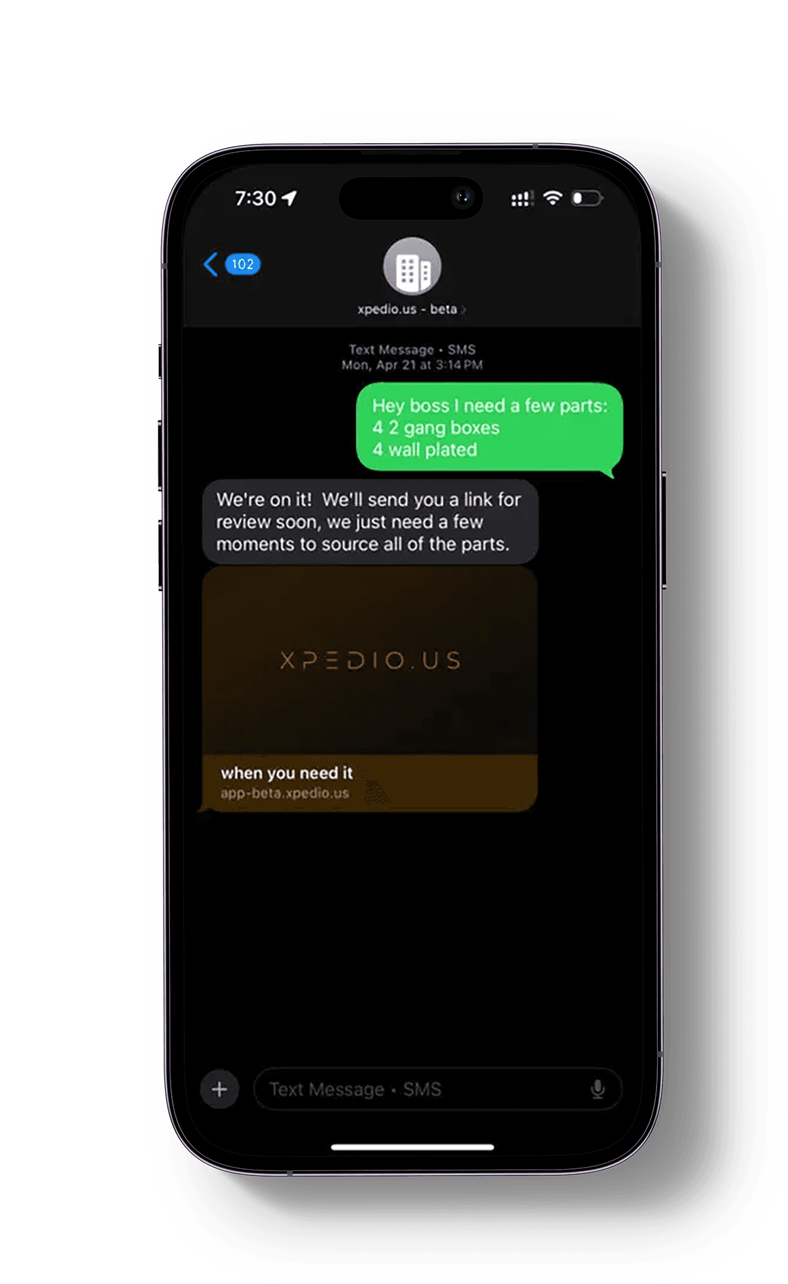 Xpedious app showing a text-based ordering workflow